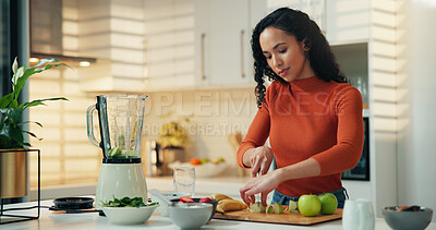 Buy stock photo Woman, nutrition and meal prep with blender in kitchen for healthy diet, vitamins or smoothie. Female person, nutritionist or preparation with natural organic fruit for protein shake or drink in home