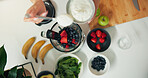 Yogurt, blender and hands of person with smoothie in kitchen for health, wellness or breakfast. Dairy, nutrition and top view of fruit for vitamins, organic or protein shake for diet in apartment.