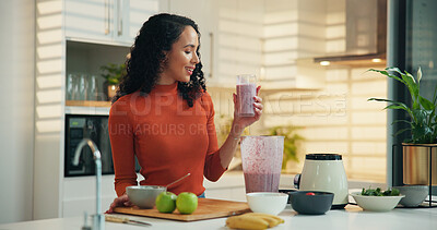 Buy stock photo Woman, blender and happy with glass in kitchen for healthy drink, diet and supplement for detox at home. Person, machine and smile for benefits, nutrition or gut health with wellness at apartment