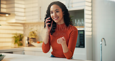 Buy stock photo Phone call, smile and woman listening in kitchen for communication, good news or information update. Morning, home and person with mobile for conversation, talking or gossip with contact for story