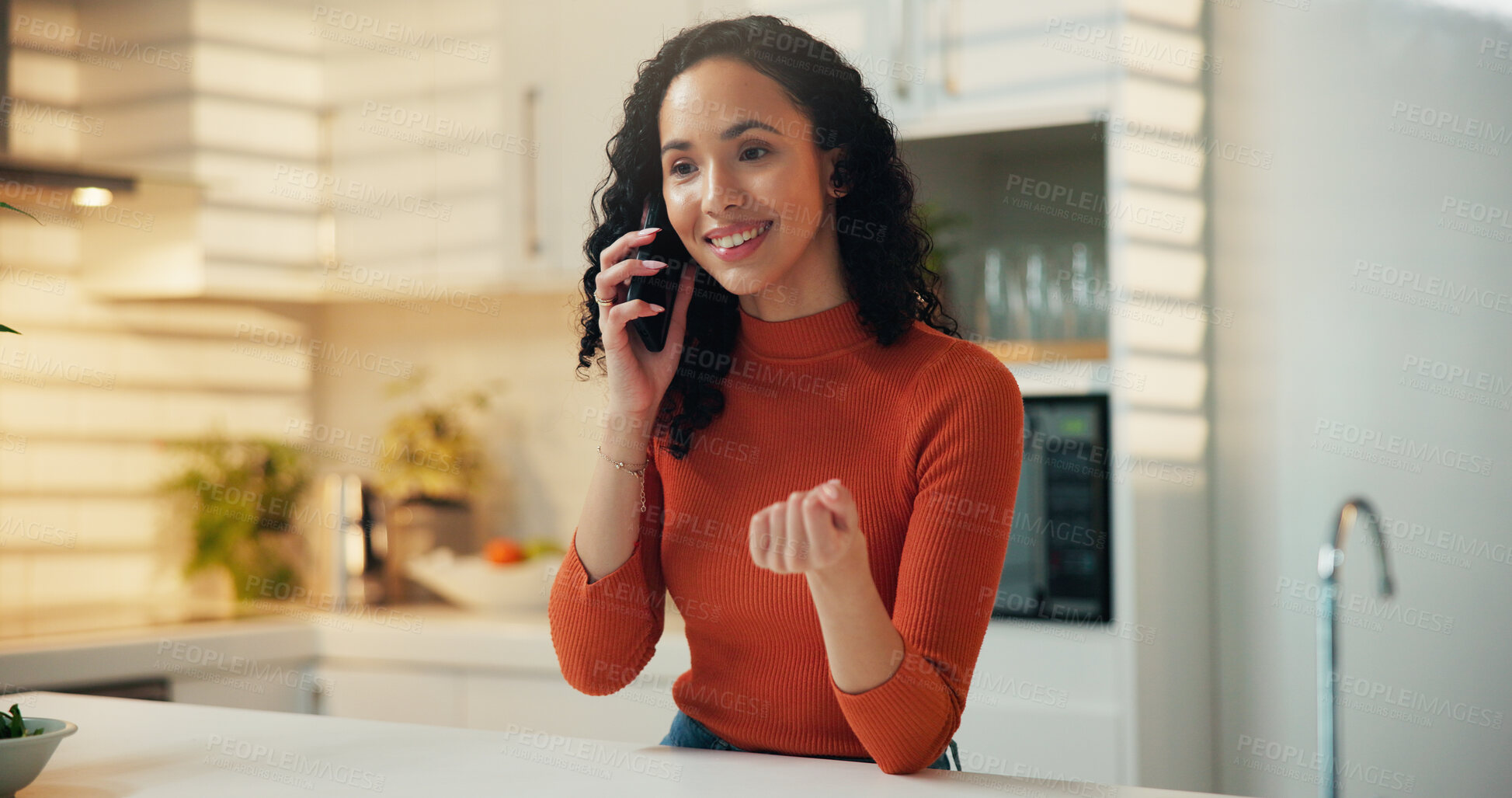Buy stock photo Phone call, smile and woman listening in kitchen for communication, good news or information update. Morning, home and person with mobile for conversation, talking or gossip with contact for story