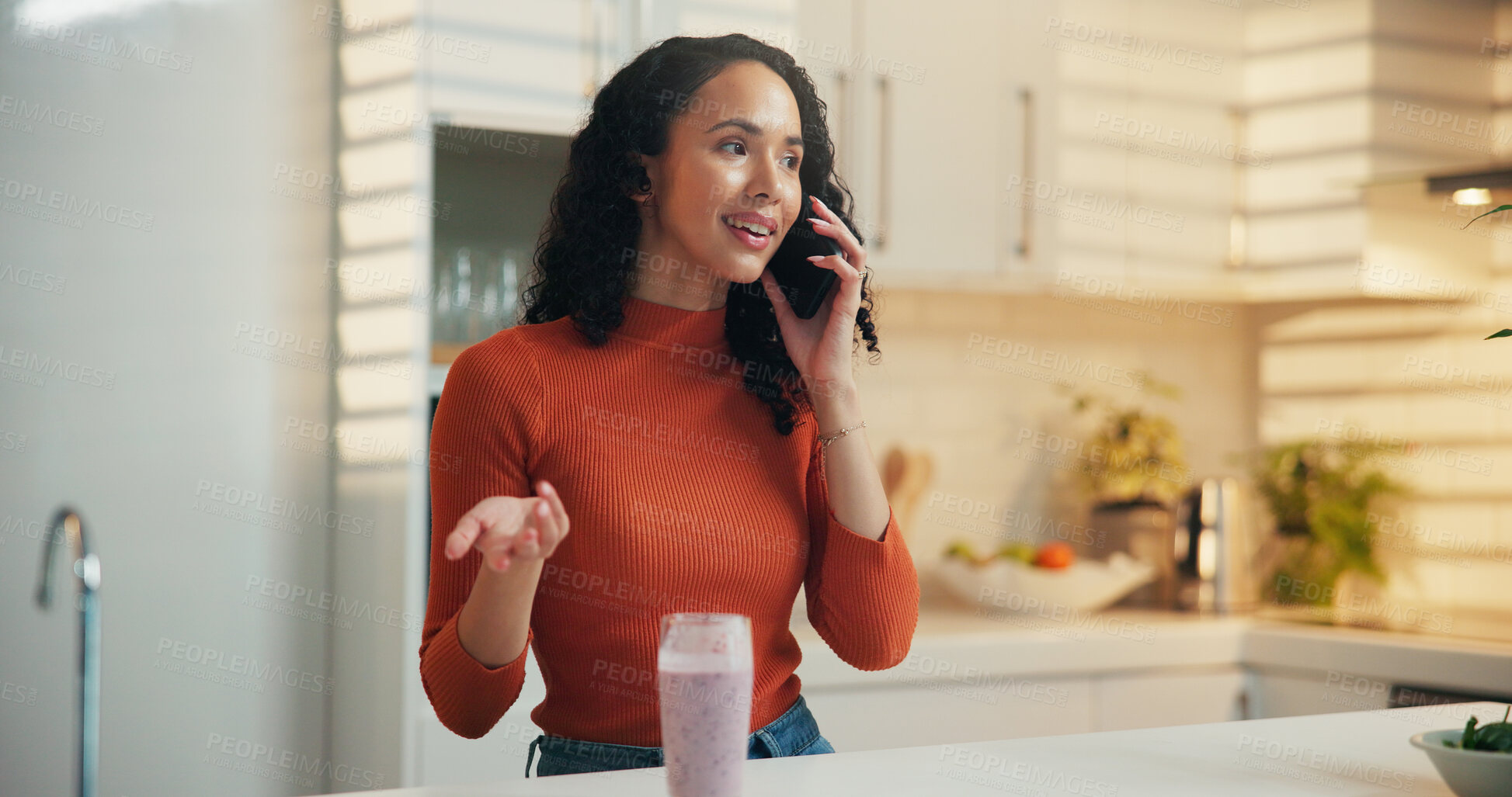 Buy stock photo Phone call, smile and woman talking in kitchen for communication, smoothie or nutrition tips. Morning, home and person with mobile for conversation, listening and advice with contact for healthy diet