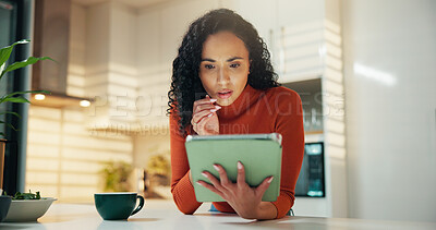 Buy stock photo Shock, coffee and tablet with woman in kitchen for reading, social media post and news feed. Network, digital subscription and email newsletter with person and tea in home for surprise, app or search