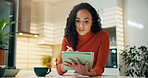 Stylus, coffee and tablet with woman in kitchen for reading, social media post and news feed. Scroll, digital subscription and email newsletter with person and tea in home for relax, app and search