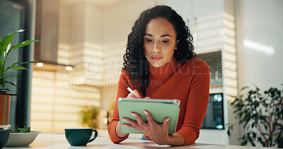 Buy stock photo Stylus, coffee and tablet with woman in kitchen for reading, social media post and news feed. Scroll, digital subscription and email newsletter with person and tea in home for relax, app and search