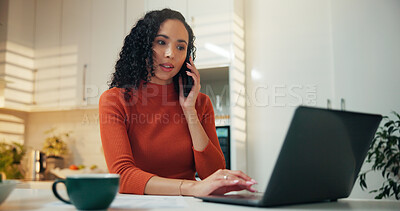 Buy stock photo Laptop, phone call and remote work with woman in kitchen of home for small business startup. Coffee, communication and computer with freelance employee in apartment for online planning or research