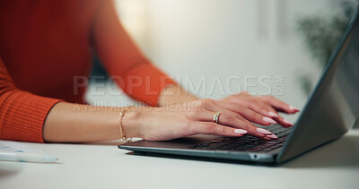 Buy stock photo Hands, person and typing on laptop at house of finance report, budget planning and online payment. Woman, PC and research of home expenses, mortgage bills and loan application for invoice information