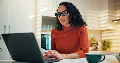 Buy stock photo Woman, laptop and documents for remote work from home, review and scroll for report in kitchen. Person, bookkeeping and financial admin with virtual job, computer and freelance career at apartment