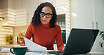 Woman, reading and document with laptop at house for finance report, budget planning and payment. Female person, paperwork and pc for expenses, mortgage bills and invoice information for banking loan