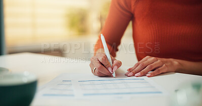 Buy stock photo Woman, hands and writing with documents for finance, budget planning or investment in home. Closeup, female person or paperwork with invoice for financial assessment, report or expenses in house