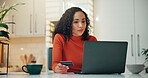 Happy woman, laptop and home with credit card for ecommerce, purchase or banking in kitchen. Female person, shopper or user with debit or computer for online shopping, payment app or order in house