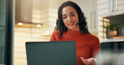 Buy stock photo Headset, laptop and woman in home with remote work for virtual assistant career with online meeting. Happy, mic and female technical support consultant with computer for consultation in apartment.
