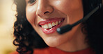 Headset, mouth and woman in home with remote work for virtual assistant career with online meeting. Happy, mic and female technical support consultant with smile for crm consultation in apartment.