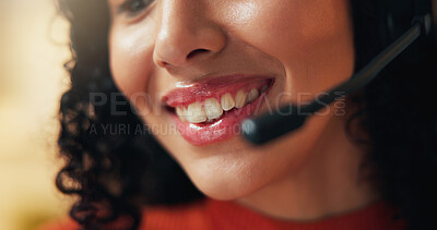 Buy stock photo Headset, mouth and woman in home with remote work for virtual assistant career with online meeting. Happy, mic and female technical support consultant with smile for crm consultation in apartment.