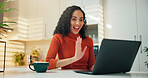 Laptop, remote work and video call with woman in kitchen of home for greeting, hello or wave. Coffee, computer and virtual meeting with happy freelance employee in apartment for conference or webinar