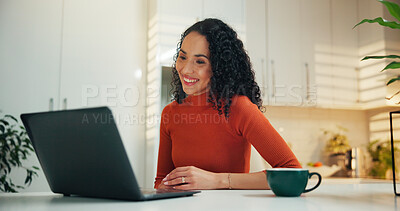 Buy stock photo Laptop, remote work and smile with woman in kitchen of home for small business or startup. Coffee, email and computer with happy female freelance employee in apartment for planning or research