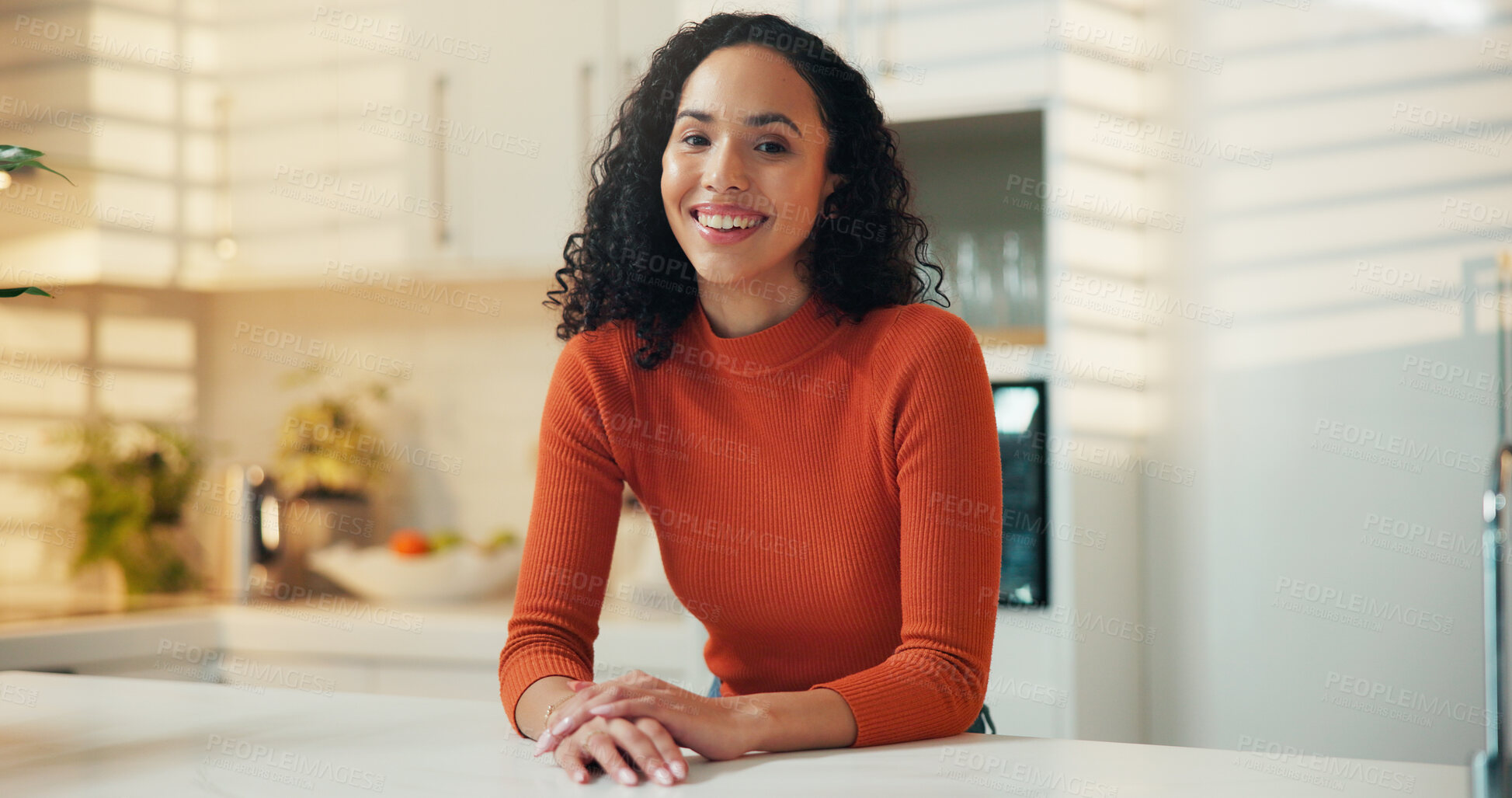 Buy stock photo Portrait, house and woman in kitchen, smile and confidence with pride, start day and morning. Face, apartment and person with happiness, funny and positive mindset with humor and homeowner with joke