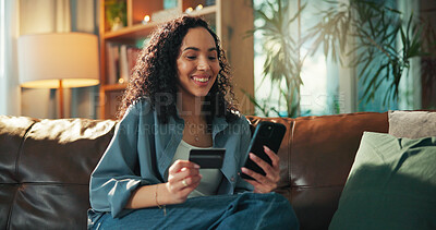 Buy stock photo Woman, phone and credit card on sofa with online shopping, sale and easy payment in home. Person, smartphone and smile for banking on mobile app, fintech and discount deal with ecommerce at house