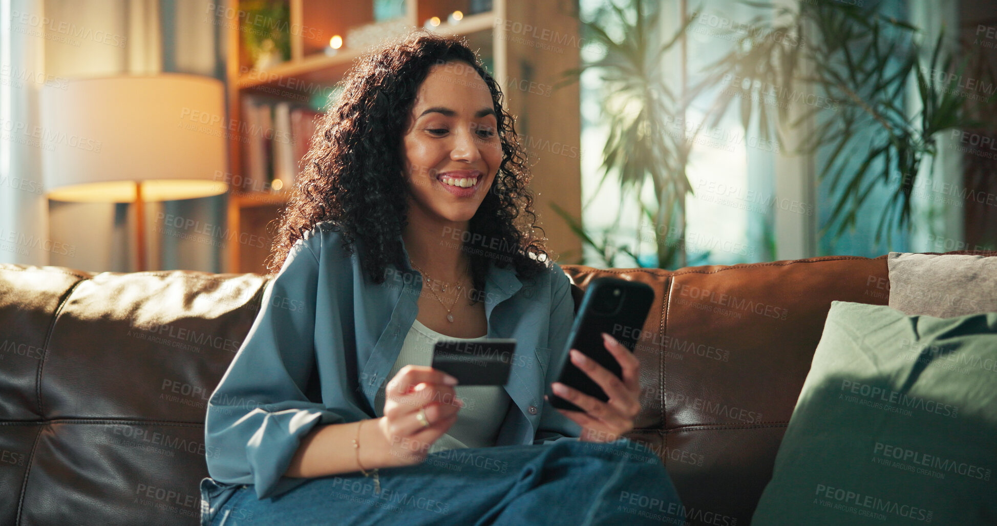 Buy stock photo Woman, phone and credit card on sofa with online shopping, sale and easy payment in home. Person, smartphone and smile for banking on mobile app, fintech and discount deal with ecommerce at house