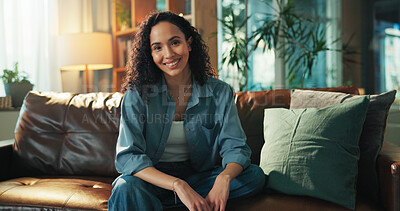 Buy stock photo Home, portrait and woman on sofa, relax and smile with weekend break in living room. Happiness, apartment and person on couch, comfort and freedom with wellness, positive mindset and rest in lounge