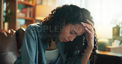 Buy stock photo Fatigue, headache or stress with woman on sofa in living room of home for burnout or mistake. Exhausted, frustration and migraine with tired person in apartment for anxiety, depression or pain