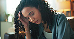 Frustration, headache or stress with woman on sofa in living room of home for burnout or mistake. Exhausted, fatigue and migraine with tired person in apartment for anxiety, depression or pain