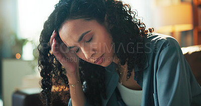 Buy stock photo Frustration, headache or stress with woman on sofa in living room of home for burnout or mistake. Exhausted, fatigue and migraine with tired person in apartment for anxiety, depression or pain