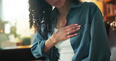 Buy stock photo Chest pain, emergency and hands with woman on sofa for heart attack, angina and medical crisis. Cardiac arrest, hypertension and anxiety with person in living room of home for heartburn and risk
