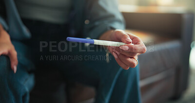 Buy stock photo Hands, woman and check pregnancy test at house of fertility results, information and maternity news. Person, waiting and reading stick of family planning, pregnant confirmation and conception outcome