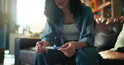 Buy stock photo Hands, woman and reading pregnancy test at house of fertility results, information and maternity news. Person, waiting and check stick of family planning, pregnant confirmation and conception outcome