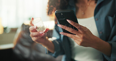 Buy stock photo Medication, phone and reading with hands of person on sofa in home living room for prescription information. Container label, supplements or vitamins with woman in apartment for healthcare research