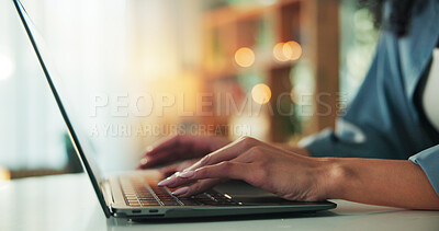 Buy stock photo Hands, freelancer and woman with laptop in home for research, check email or review article. Computer, keyboard and person typing for remote work, project or journalist editing news report with bokeh