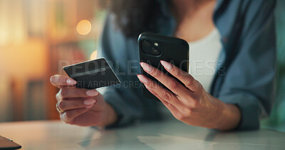 Buy stock photo Hands, phone and credit card in home with online shopping, sale and easy payment for web store. Person, smartphone and digital banking on mobile app, fintech or discount deal with ecommerce at house