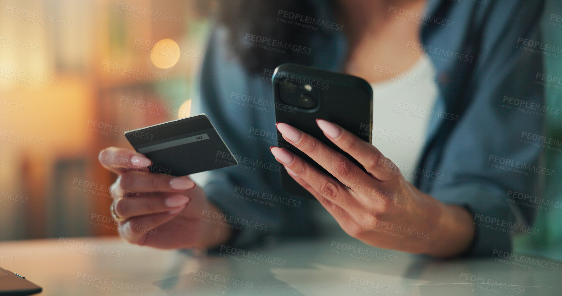 Buy stock photo Hands, phone and credit card in home with online shopping, sale and easy payment for web store. Person, smartphone and digital banking on mobile app, fintech or discount deal with ecommerce at house