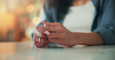 Buy stock photo Hands, psychology and mental health in home, stress and person with depression, trauma and divorced. Separation, overwhelmed and pain of loneliness, table and woman with anxiety or problem in house