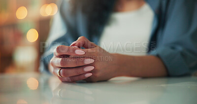 Buy stock photo Hands, alone and mental health in home, stress or person with problem, trauma or regret and pain. Depression, victim and woman with anxiety, table and overwhelmed with lonely, grief or ptsd at house