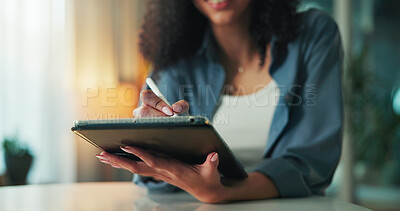 Buy stock photo Tablet, stylus and hands of woman in home with drawing for college project or assignment online. Digital technology, pen and female student with creative assessment for university on app in house.