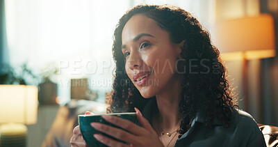 Buy stock photo Memory, coffee and woman on sofa in home for calm, peaceful and break in morning on weekend. Cappuccino, ideas and female person with warm beverage for nostalgia, thinking or reflection in house.
