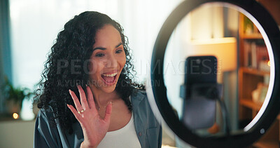 Buy stock photo Phone, ring light and wave with influencer woman in living room of home for recording or streaming. Content creation, mobile and video with happy person greeting followers in apartment for broadcast
