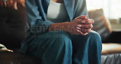 Buy stock photo Hands, depression and mental health in office, alone and counseling appointment, waiting and stress. Lonely, victim and woman with anxiety for therapy session, psychology and discomfort of trauma