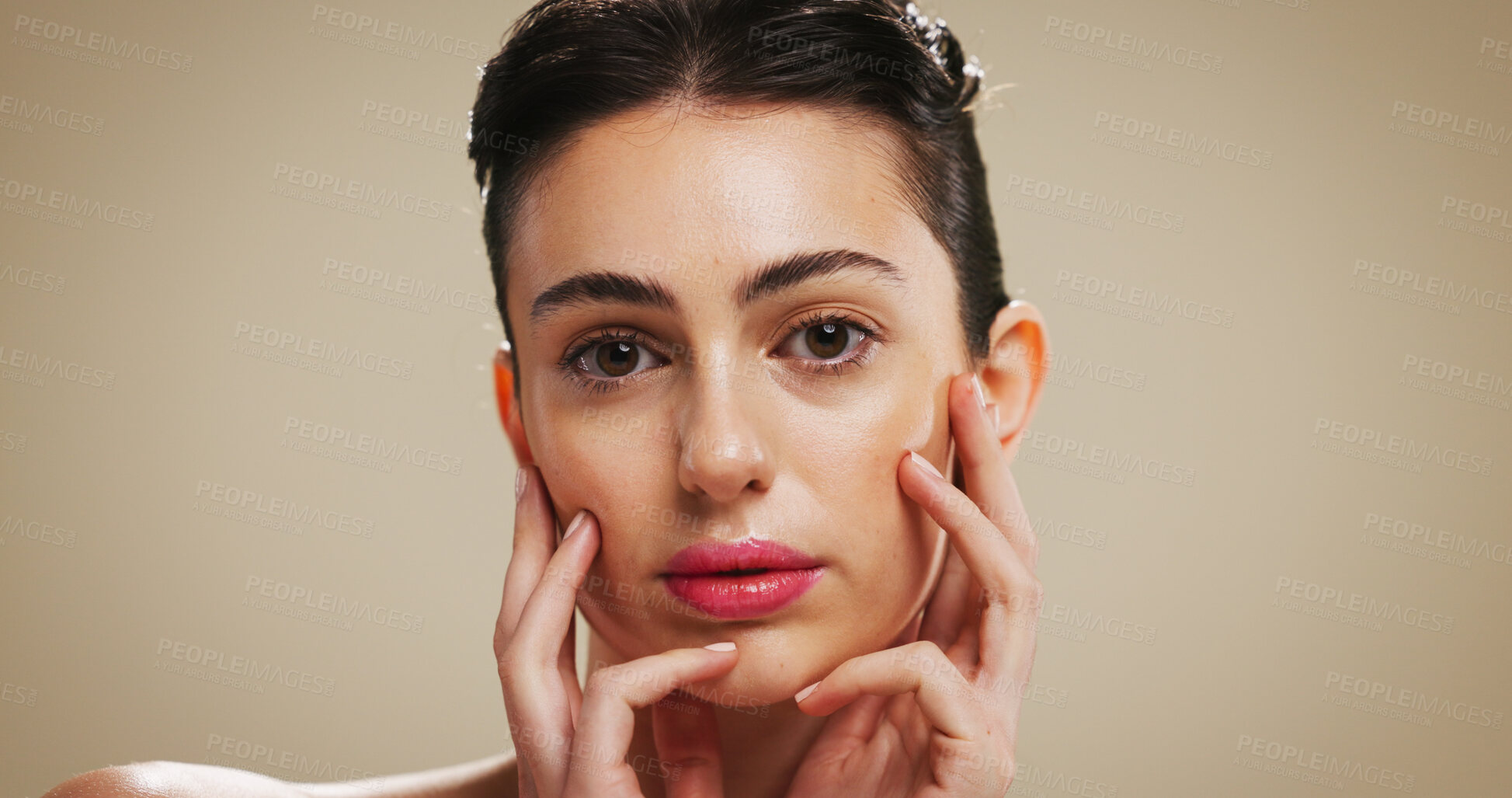 Buy stock photo Portrait, woman and skincare for glow, healthy or cosmetics for smooth skin, beauty and dermatology. Soft, wellness and hydration of face for shine, studio background and person with pride in USA