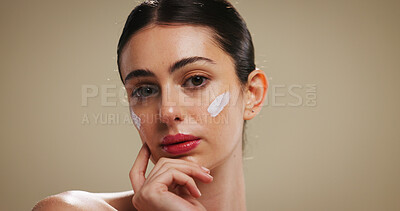 Buy stock photo Cream, skincare and portrait of woman in studio for beauty, dermatology and collagen benefits. Hyaluronic acid product, lotion and facial treatment with person on background for self care and space