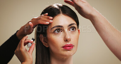 Buy stock photo Woman, beauty and hair with treatment for styling or cosmetics on a studio background. Female person, model or thinking with makeup, style or haircare in dermatology or cosmetology for spa or salon