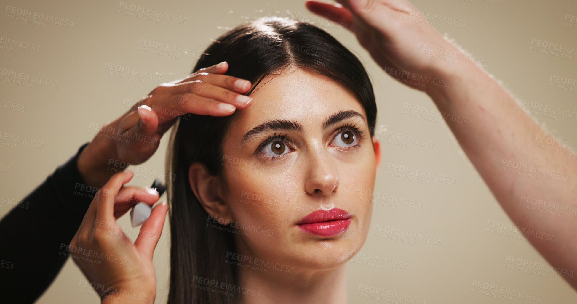 Buy stock photo Woman, beauty and hair with treatment for styling or cosmetics on a studio background. Female person, model or thinking with makeup, style or haircare in dermatology or cosmetology for spa or salon