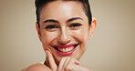 Portrait, woman and smile for skincare in studio of natural glow, facial treatment and dermatology. Happy, female person and healthy skin with beauty, collagen results and texture on brown background