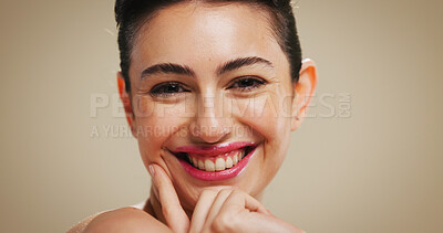 Buy stock photo Portrait, woman and smile for skincare in studio of natural glow, facial treatment and dermatology. Happy, female person and healthy skin with beauty, collagen results and texture on brown background