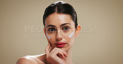 Buy stock photo Cream, beauty and portrait of woman in studio for skincare, dermatology and collagen benefits. Hyaluronic acid product, lotion and facial treatment with person on background for self care and space