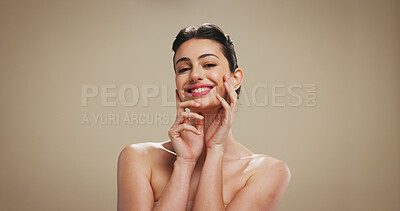 Buy stock photo Portrait, woman and skincare for beauty in studio of natural glow, facial treatment and dermatology. Happy, person or cosmetics for clear skin, collagen results and texture on brown background space