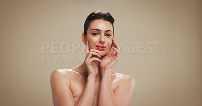 Buy stock photo Portrait, proud and woman for skincare in studio of natural glow, facial treatment and dermatology. Female person, cosmetics or beauty for clear skin, collagen results and texture on brown background