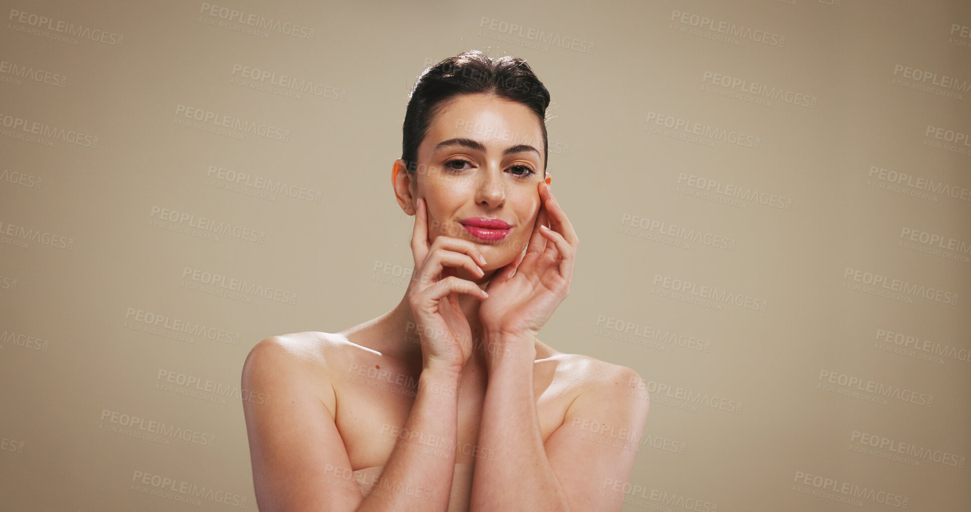 Buy stock photo Portrait, proud and woman for skincare in studio of natural glow, facial treatment and dermatology. Female person, cosmetics or beauty for clear skin, collagen results and texture on brown background